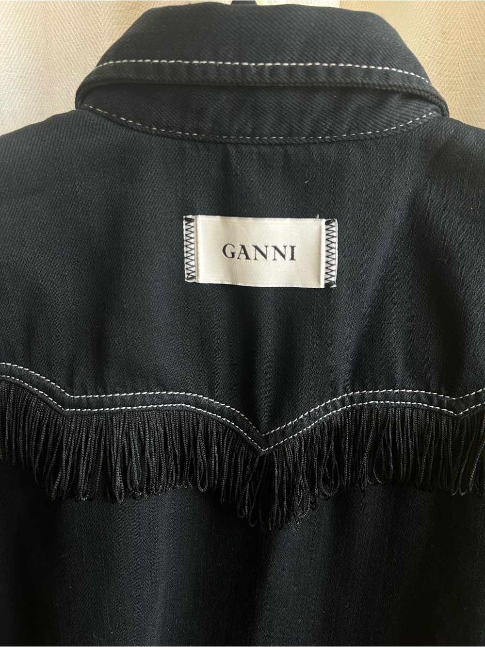 GANNI Fringe Western Shirt Black Contrast Stitch Denim Size EU 34